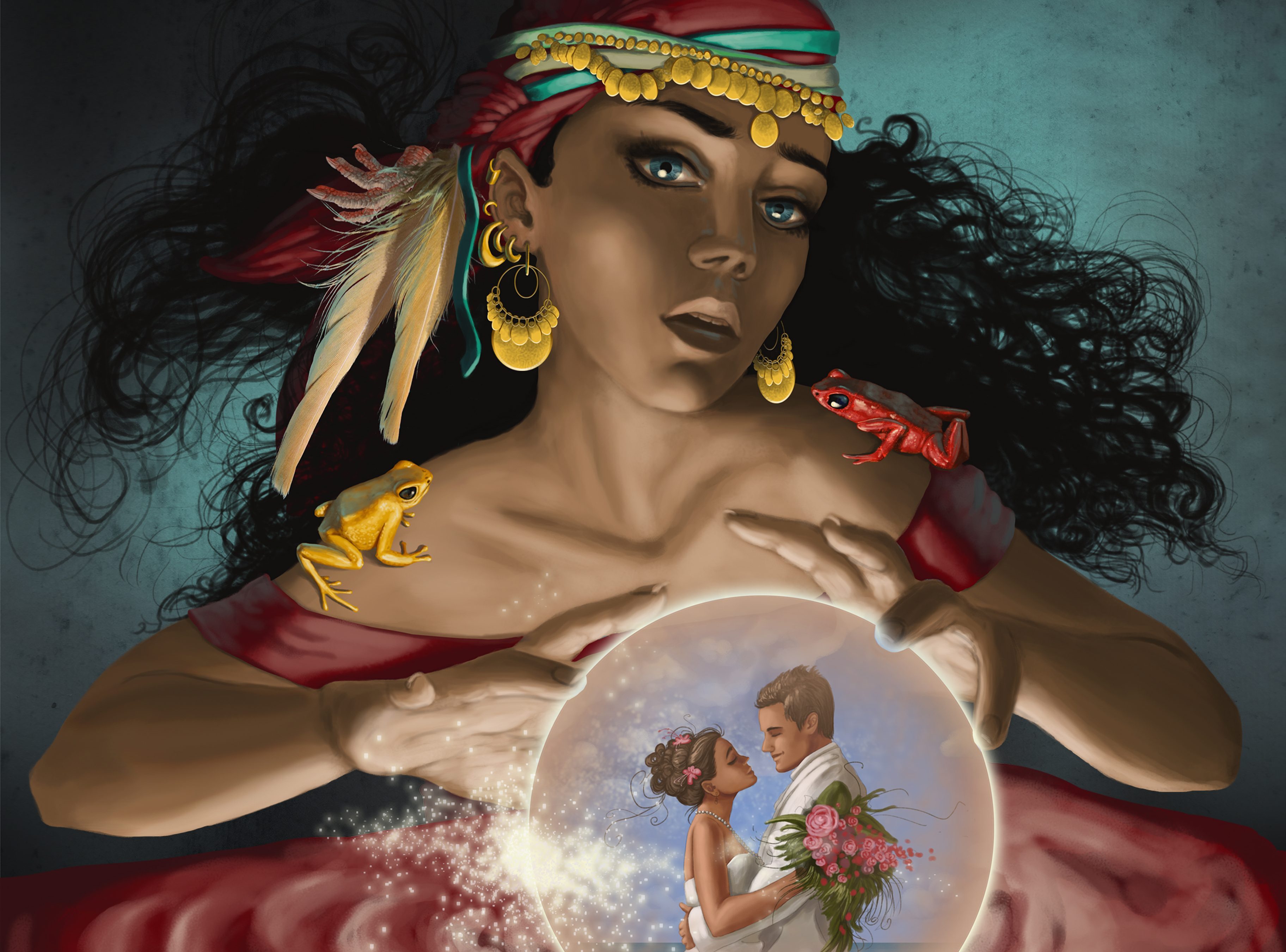 Illustrative image of fortune teller looking at couple in crystal ball