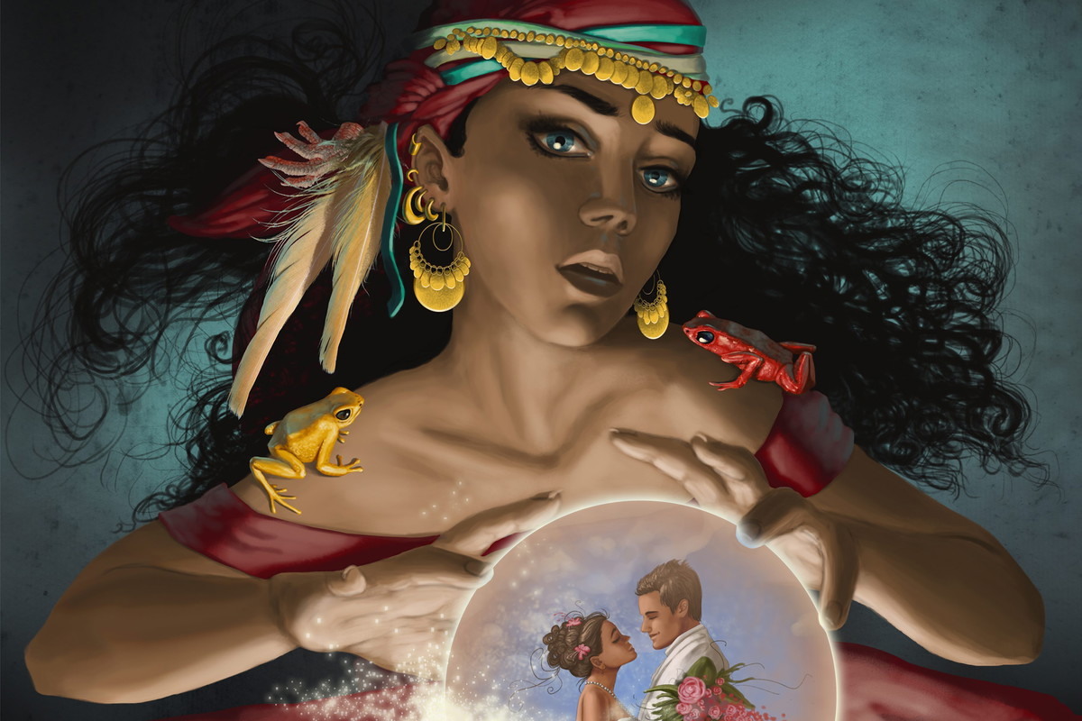 Illustrative image of fortune teller looking at couple in crystal ball