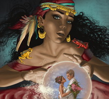Illustrative image of fortune teller looking at couple in crystal ball