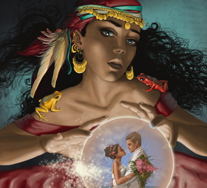 Illustrative image of fortune teller looking at couple in crystal ball
