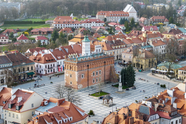 Aerial view on old town of Sandomierz at spring time.