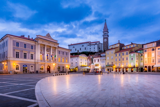 Beautiful evening view of Tartini Square in old town Piran, Slovenia, Europe.