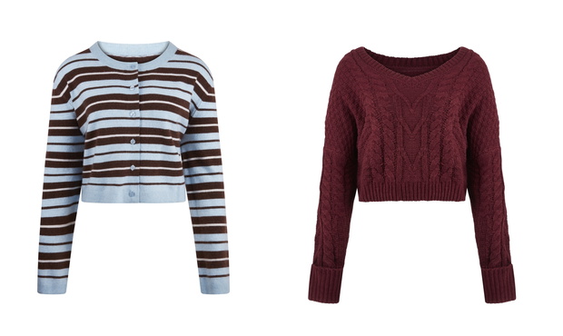 TK Maxx: rozpinany sweter w niebiesko-brązowe paski, bordo sweter w warkocze