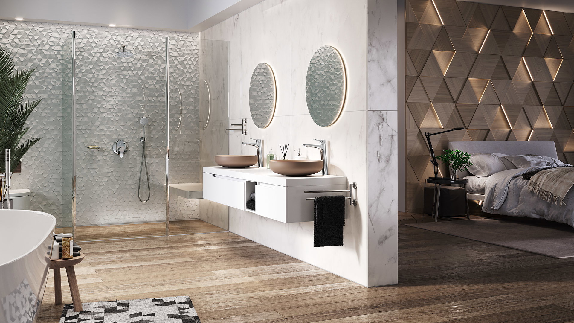 FERRO, Bateria umywalkowa stojąca nablatowa Espacio, Wieszak na ręcznik podwójny Grace, Algeo Set zestaw podtynkowy z baterią i deszczownią, Mydelniczka metalowa Grace