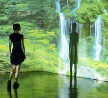 Girl looking at a large scale nature image projected on to a wall