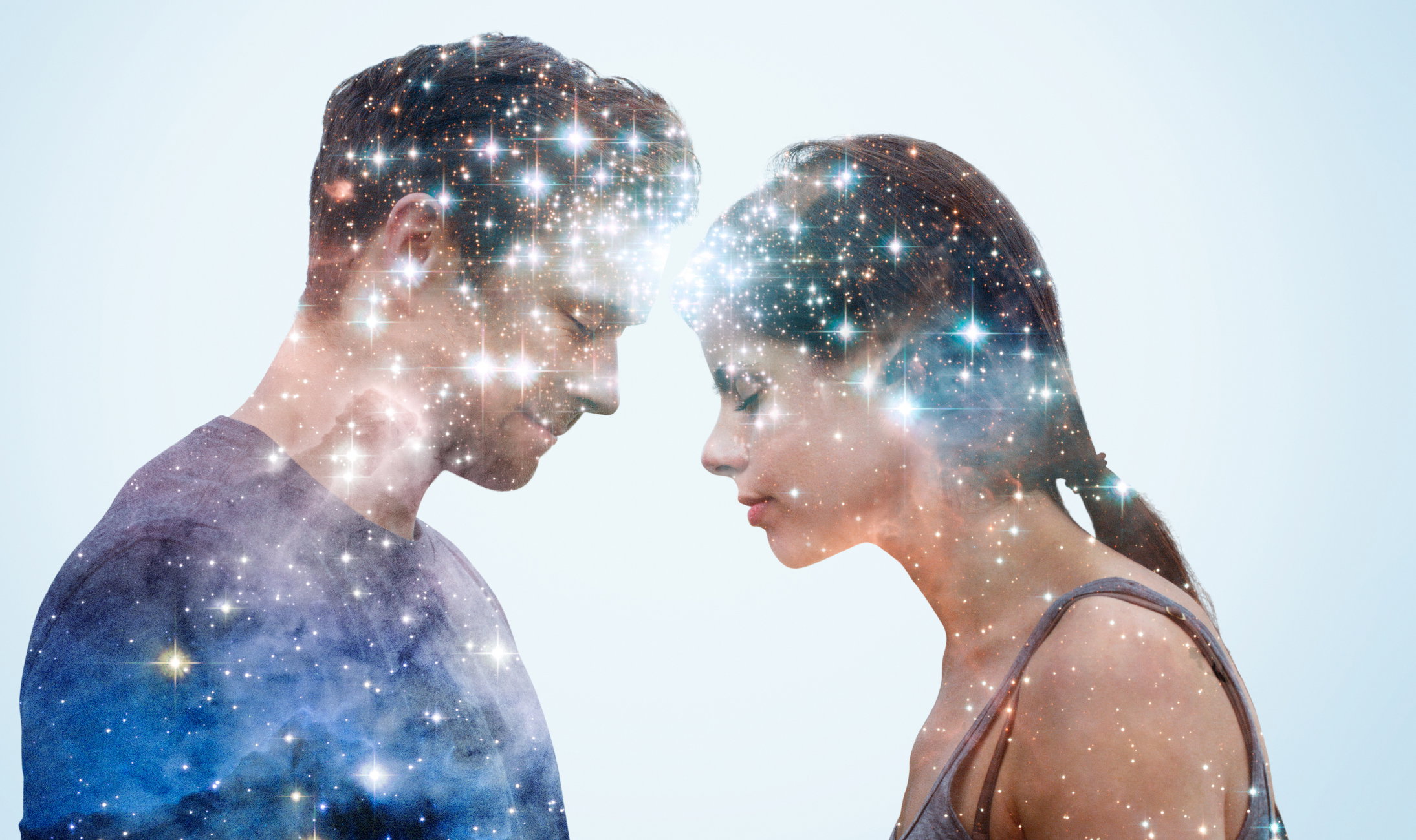 Couple leaning into each other with stars.