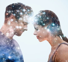 Couple leaning into each other with stars.