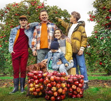 Rodzina w sadzie przy zbiorze jabłek