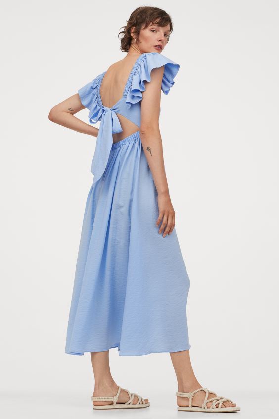 H&M sukienka niebieska z kokardą i falbankami z lyocellem