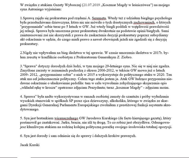Oświadczenie Jacka Kurskiego w sprawie syna