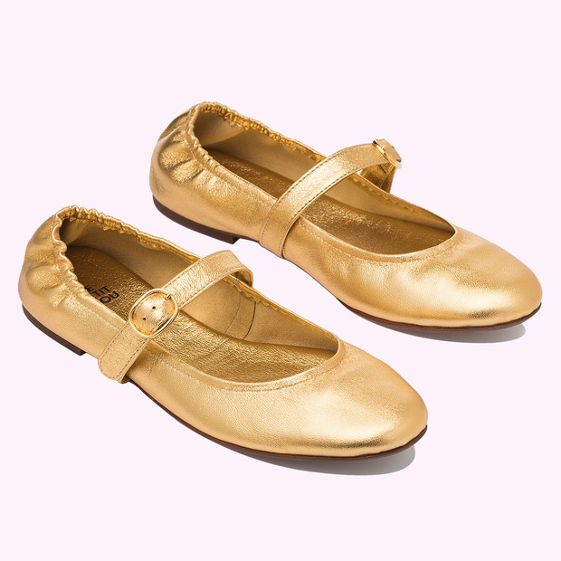 Złote elastyczne baletki Le Petit Trou; 590 zł