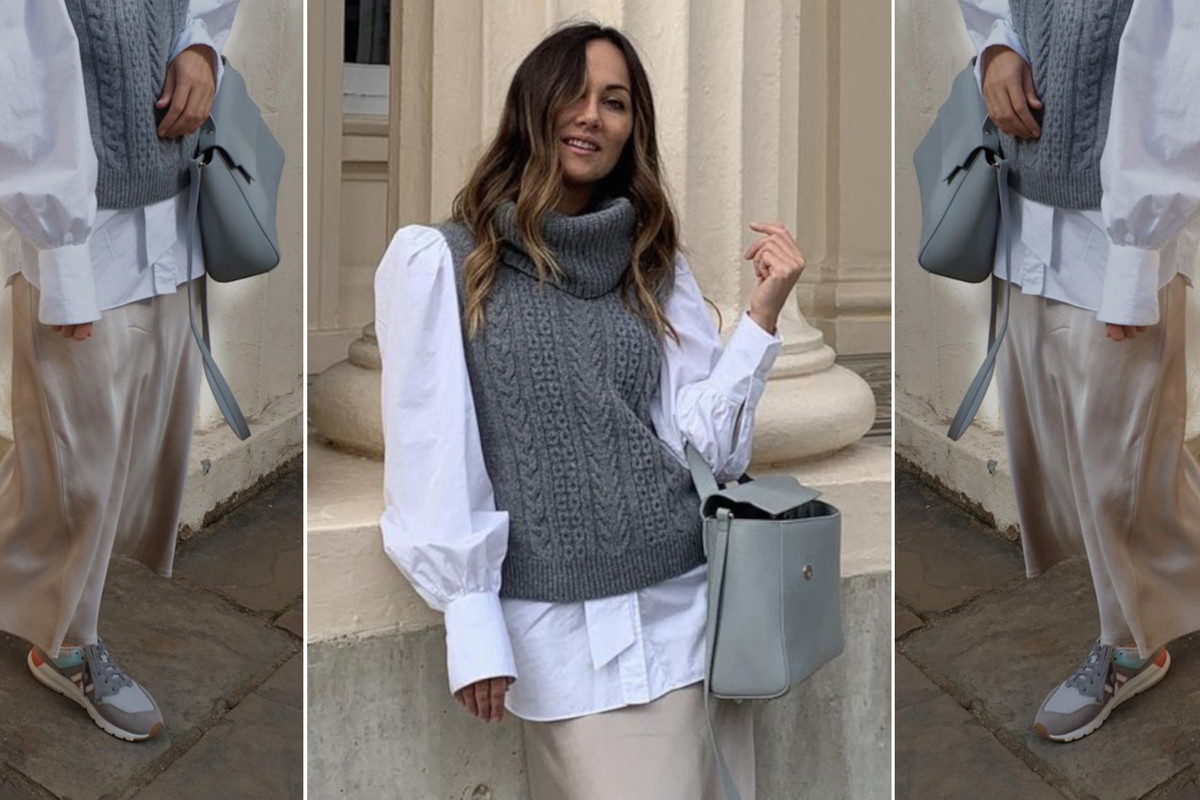 Stylówka z Instagrama - wełniana kamizelka, biała koszula i satynowa spódnica