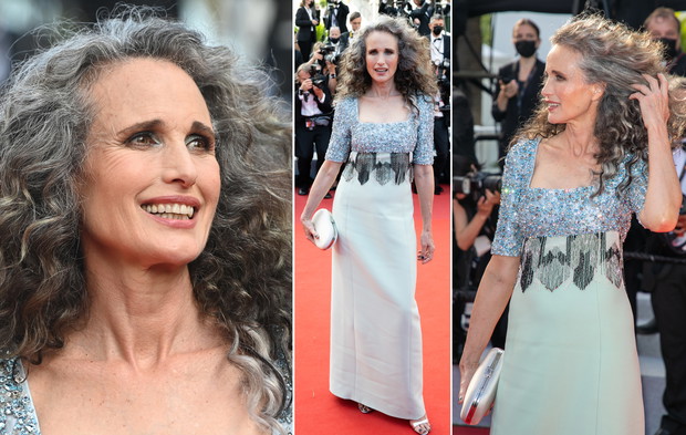 Andie MacDowell w siwych włosach na Festiwalu Filmowym w Cannes 2021