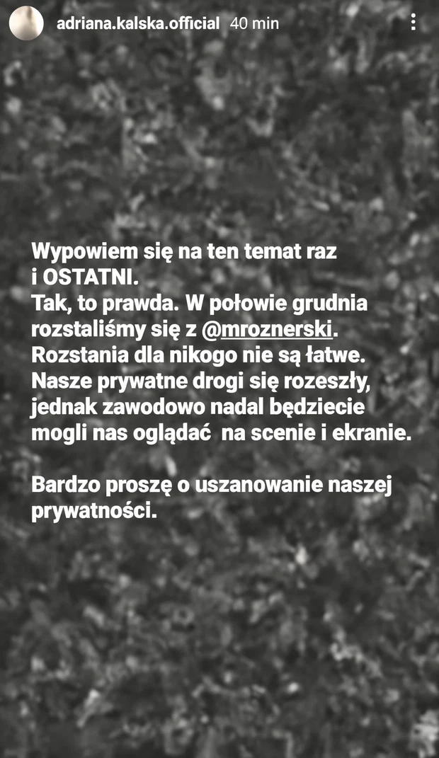 Kalska o rozstaniu z roznerskim