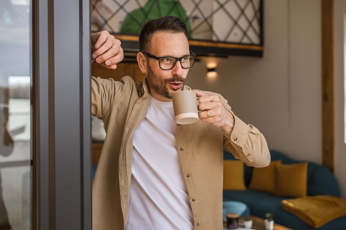 Mężczyzna z kubkiem w domu