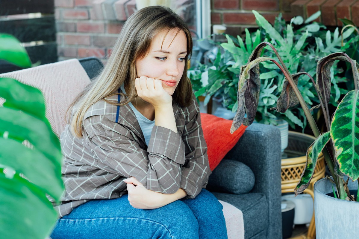 Young upset, sad woman examining dried dead foliage of her home plant Calathea. Houseplants diseases. Diseases Disorders Identification and Treatment, Houseplants sun burn. Damaged Leaves.