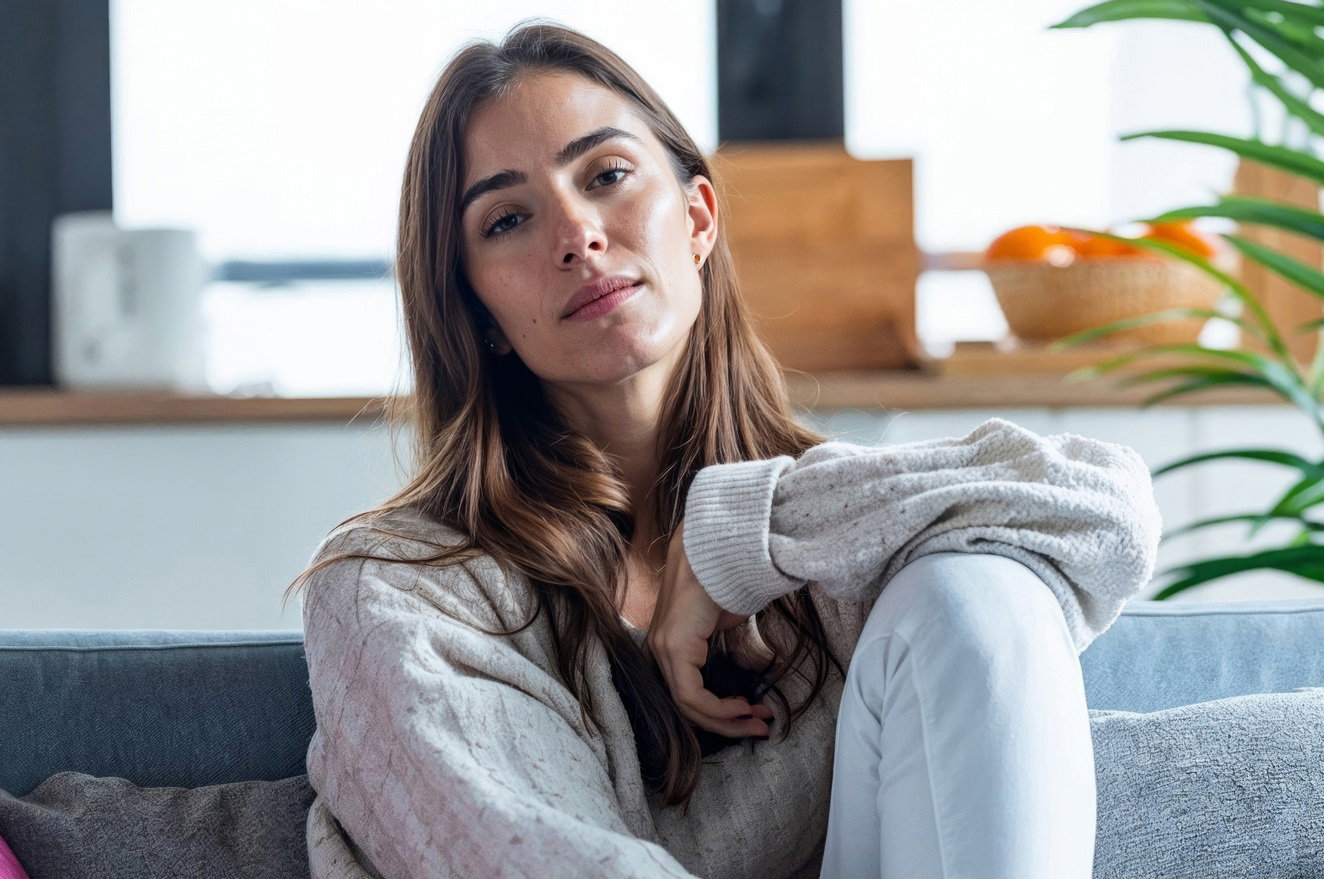 młoda kobieta z długimi włosami siedzi na kanapie na tle kuchni ze sceptyczną miną