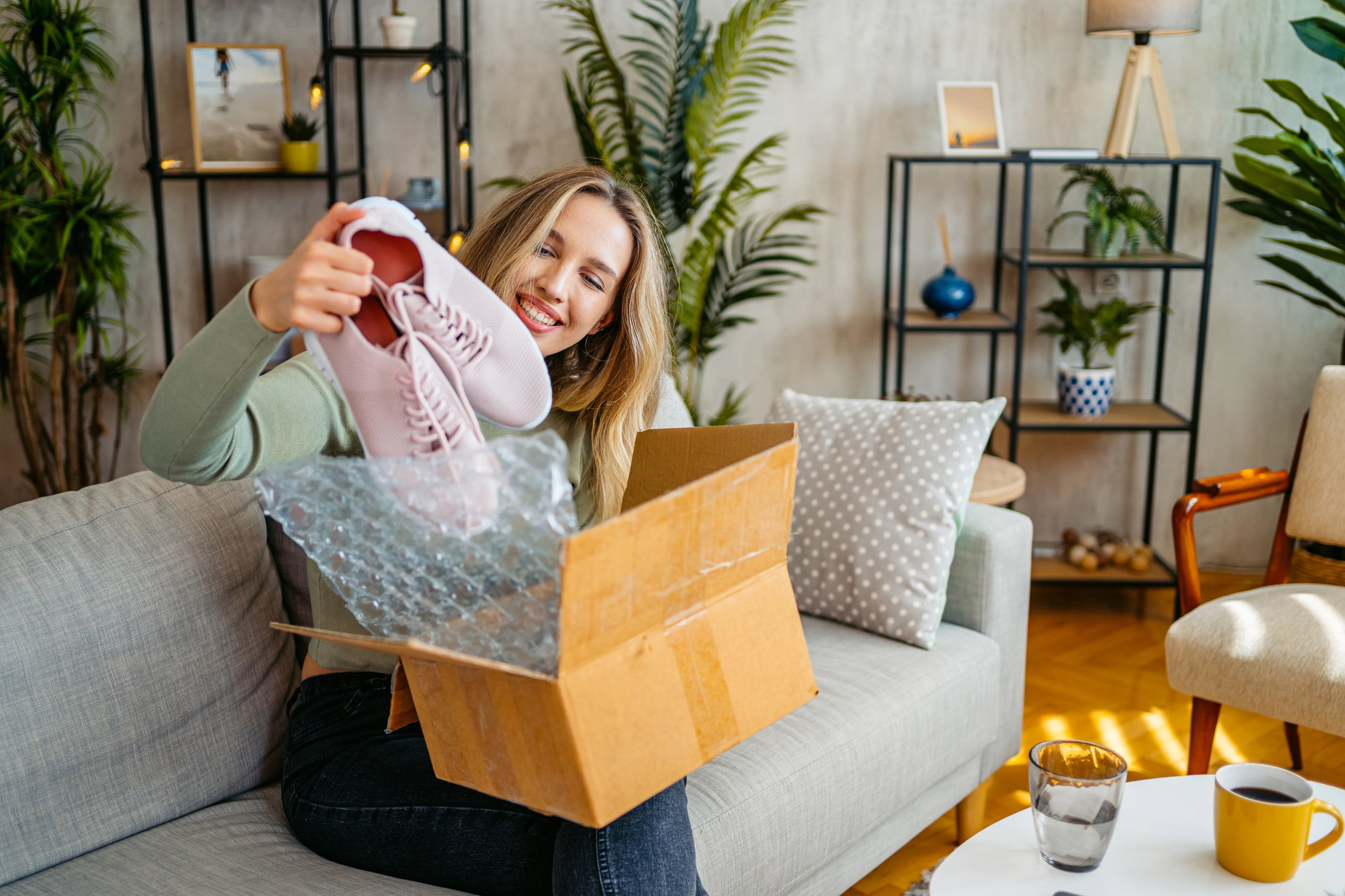Young Woman Unboxing A Package With New Sneakers She Ordered Online
