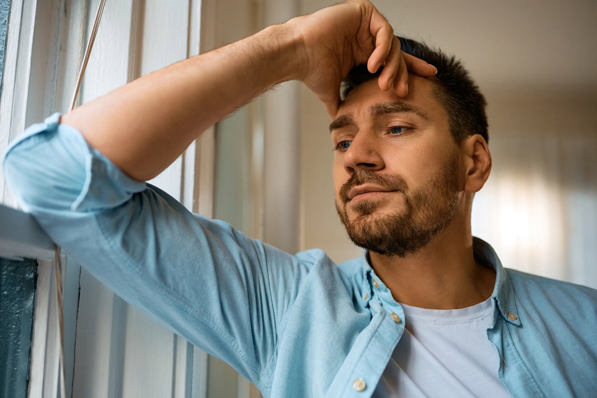mężczyzna w wieku 30 plus w jasnej koszuli stoi przy oknie smutny i zamyślony