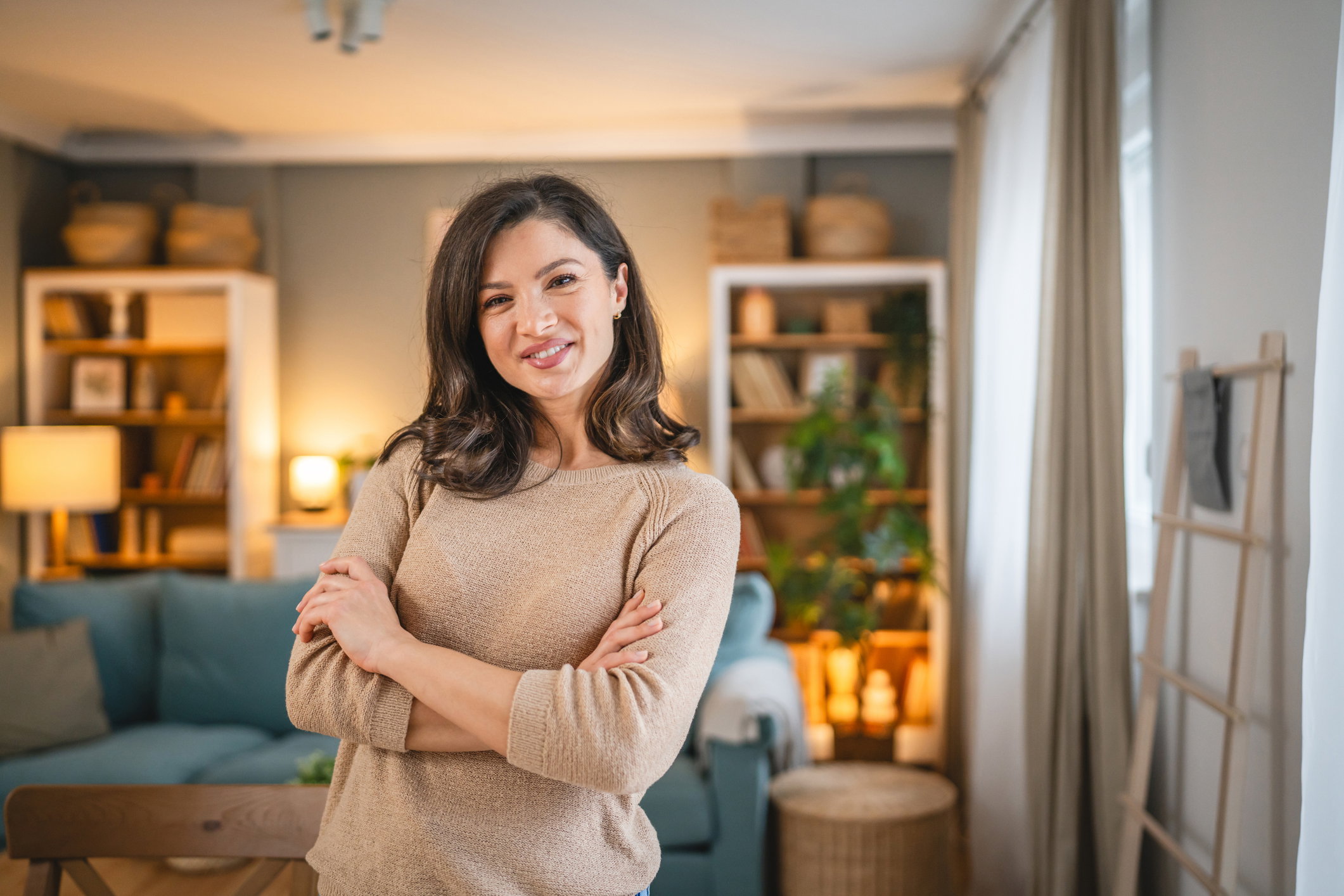 Mature caucasian woman female at home happy smile portrait close up