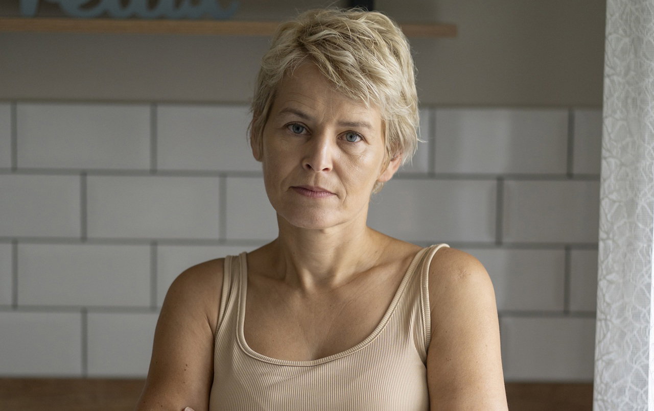 kobieta w wieku 45 plus blondynka stoi na tle kuchni zmartwiona