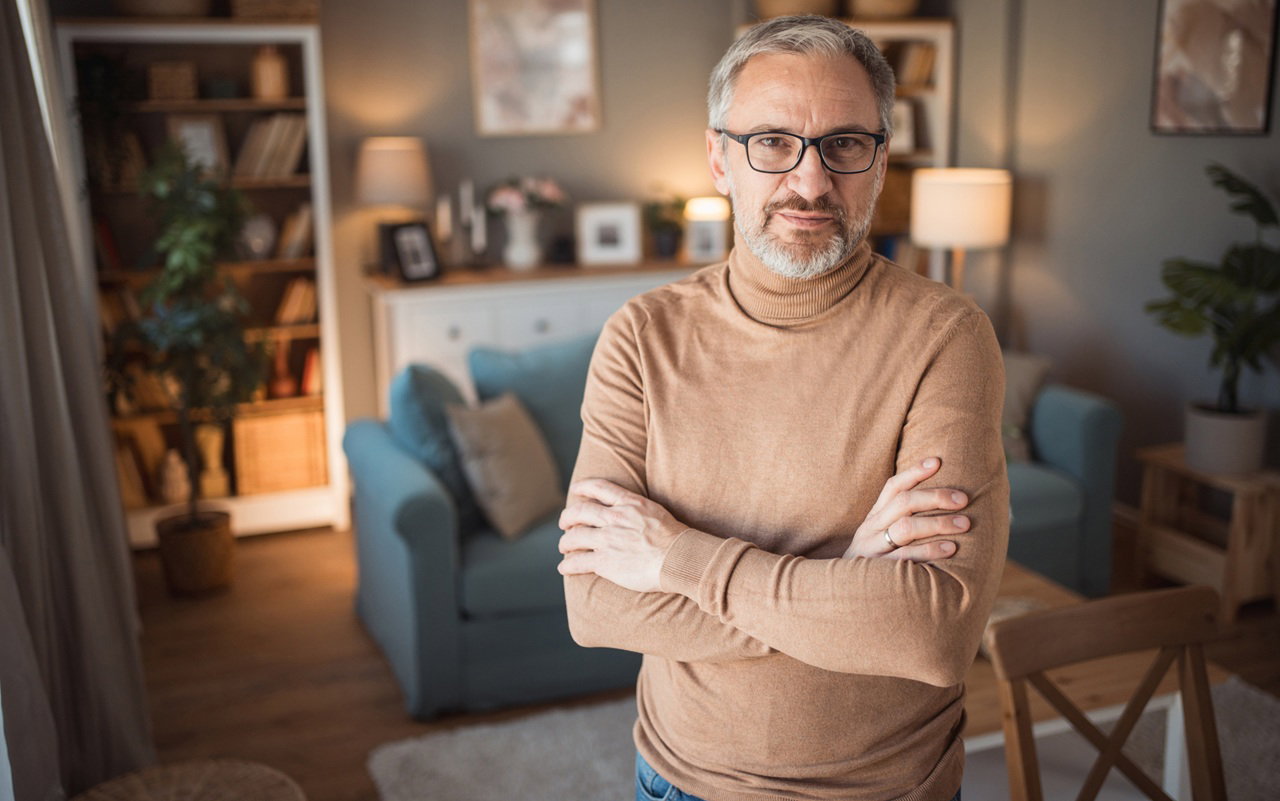 mężczyzna w wieku 50 plus w okularach stoi w salonie z zamyśloną miną