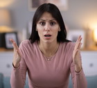 kobieta w wieku 30 plus ciemne włosy stoi w salonie zdenerwowana i zszokowana