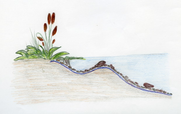 Folię w oczku wodnym można zamaskować, przysypując ją warstwą żwiru. W ten sposób brzeg będzie wyglądał naturalnie