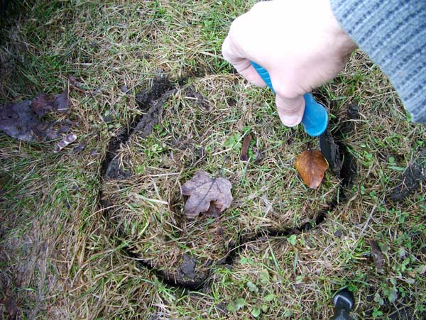 Krok 2 - wycinamy w darni kształt płytki