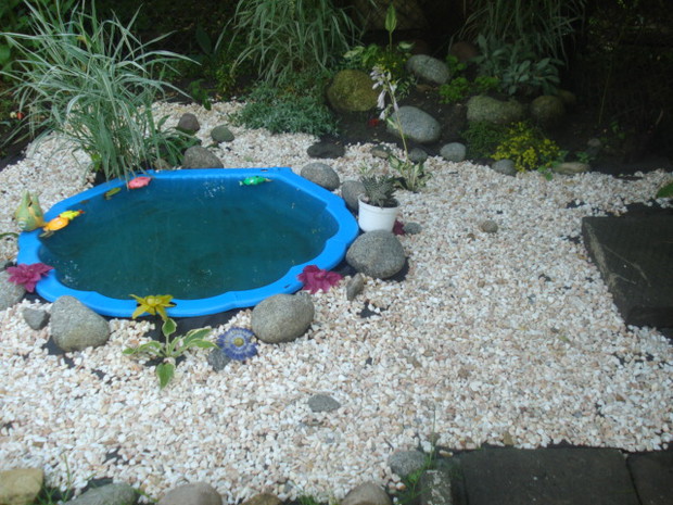 Mini oczko wodne zrobione z piaskownicy 