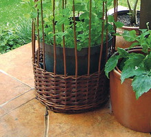 Oryginalny kształt wiklinowej osłony na donicę od razu przykuwa uwagę