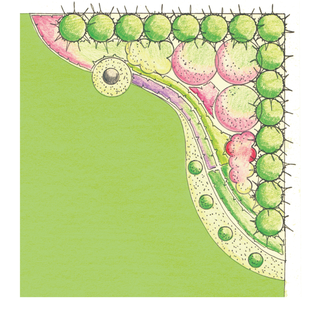 Rzut z góry na zacienioną rabatę