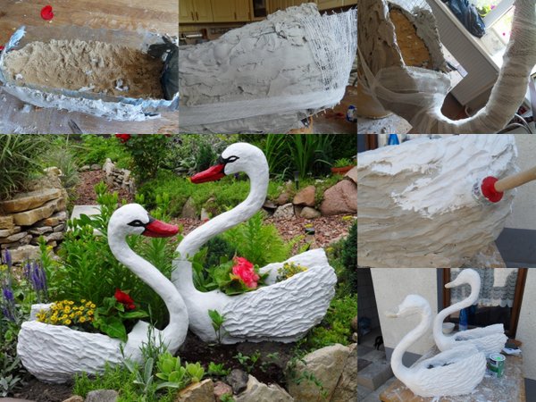 Cały ogród powstał z moich własnych pomysłów. Co roku dorabiam coś nowego. W tym roku przyszła pora na dwa łabędzie. Na załączonym zdjęciu przedstawiam sposób w jaki je wykonałam.