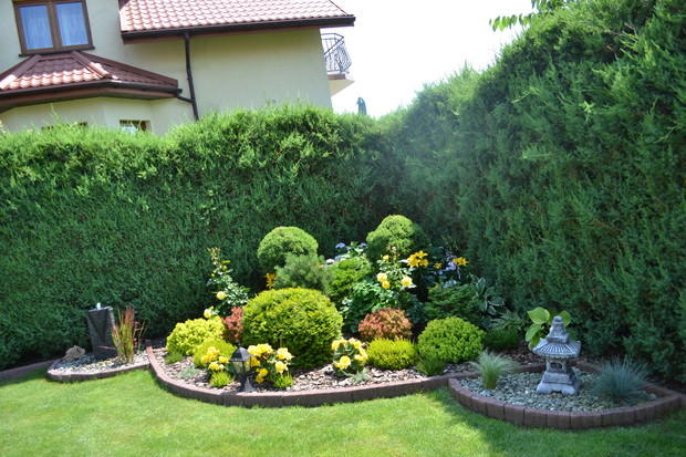 Fontanna, pagoda, trawy ozdobne, cis, świerk biały conica przycięty na kulę, tuja danika, róże frezja, hortensje oraz fukie (hostia)