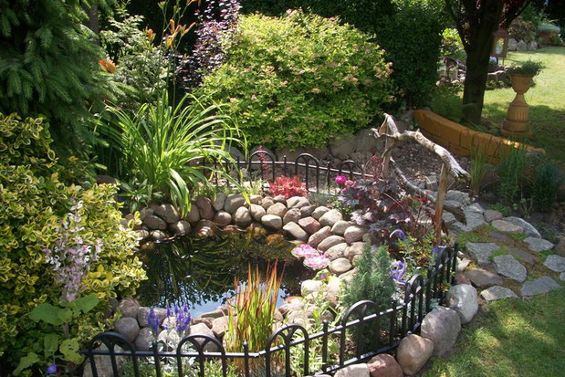 Kwiaty rosnące wokół oczka mają wszystkie kolory tęczy, a niektóre z nich wyróżniają się nawet kolorowymi liśćmi. Całość z pewnością przyciąga uwagę ;)