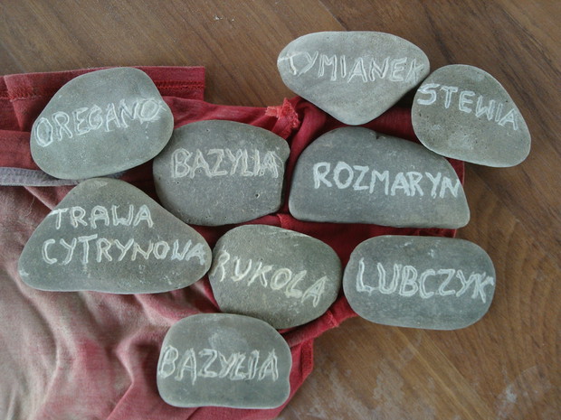 Tabliczki z kamienia z nazwami ziół