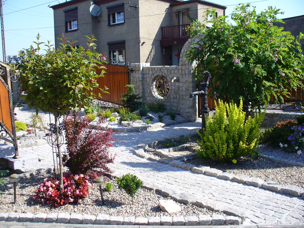 Narożnik przy schodach należy do przepięknej krzewuszki brystol rabby szczepionej na pniu. Kwitnie ona dwa razy w sezonie i ma przepiękne dzwonkowate kwiaty koloru ciemnego różu.