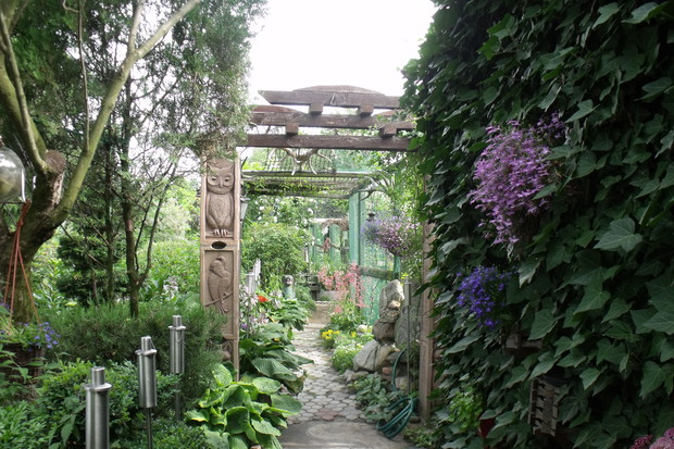 Oto ścieżka główna prowadząca do mojego zakątka.Po prawej stronie jest oczko wodne odgrodzenie obsadzam pnączami, samo ogrodzenie jest zabezpieczeniem przed wtargnięciem dzieci.Lewa strona mojego małego raju to kącik ,kwiaty ,krzewy drzewa ,powojniki .