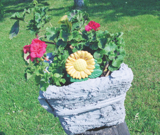 Pomysłowe kwietniki powstały poprzez uformowanie na donicach starych podkoszulków w klejowej zaprawie.
