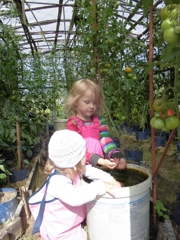 Anna Maria i Sophia pomagają mi podlewać pomidory i paprykę pod folią.