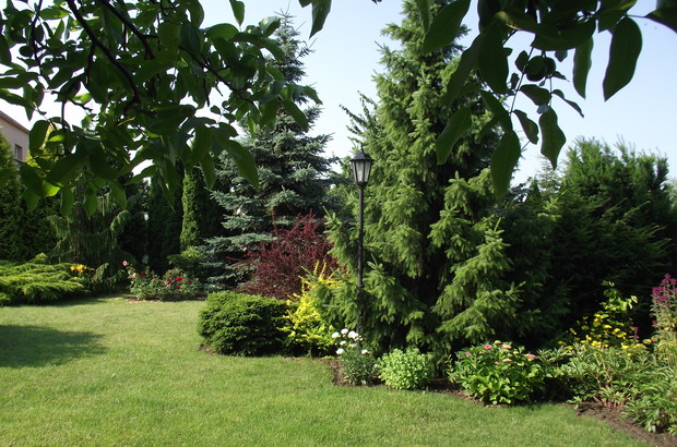 Urok natury wzbogaca ogrodowa latarnia.