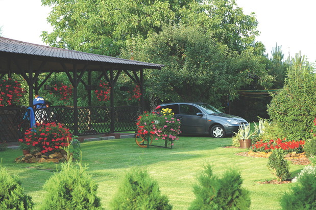 Kwiatowe wyspy najlepiej prezentują się na tle przystrzyżonej murawy.