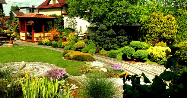 widok na ogród z tarasu altanki 