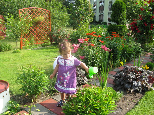 Wnuczka podlewa kwiatki