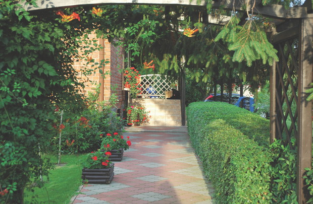 Z rustykalnym, ceglastym murem i drewnianym zadaszeniem świetnie komponują się podwieszane donice z kwiatami jednorocznymi.