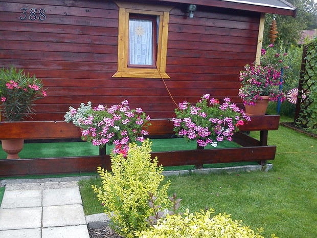 Donice z kwiatami jednorocznymi:)pelargoniami i fuksjami:)