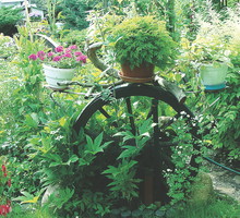 Stare drewniane koło z powodzeniem spełnia funkcję kwietnika.