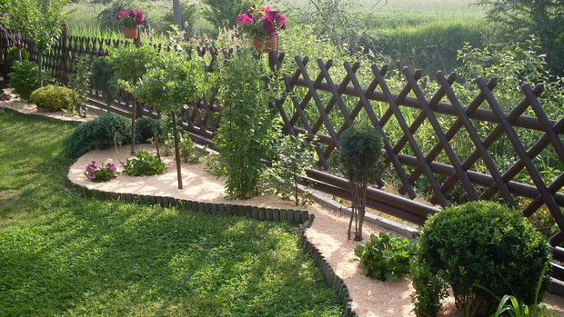 Beżowy w ogrodzie kolor jest efektem wysypania na podłoże  wiórów z drewna