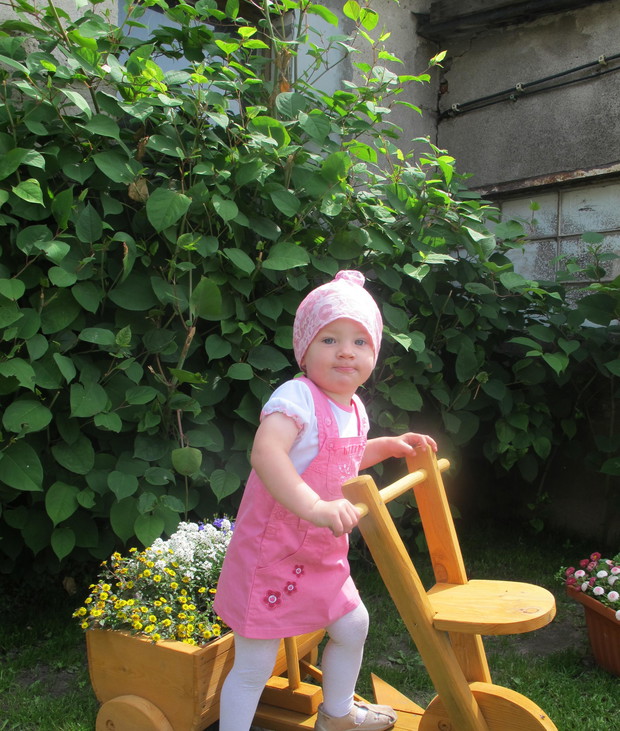 Córcia na rowerku z kwietnikiem w tyle