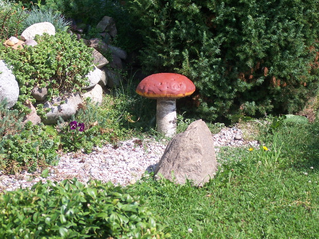 Pod skalniakiem wyrasta grzyb, którego zrobiłam z pianki budowlanej i brzozowego pnia 